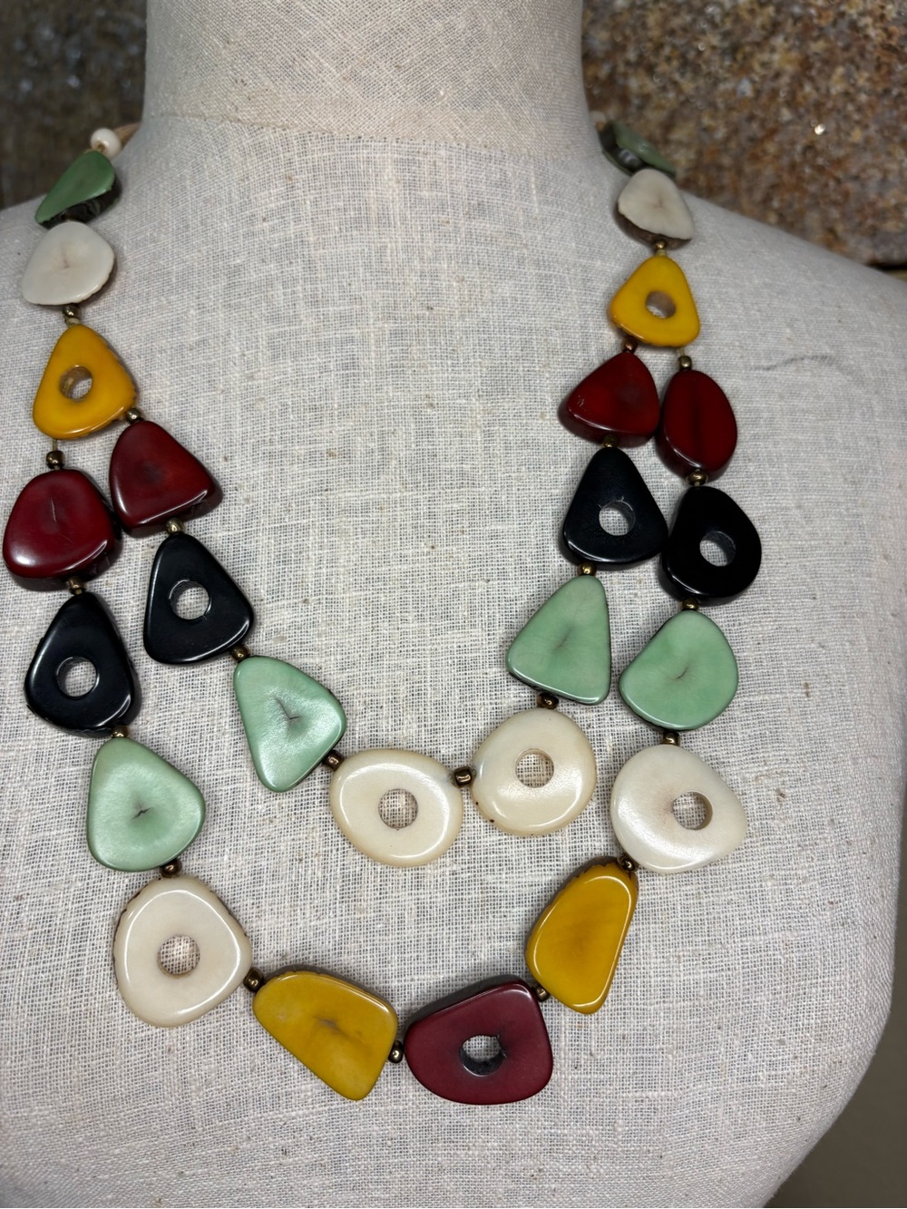Vintage Tagua Nut Boho Statement Necklace Double Strand Multicolor Eco Chic